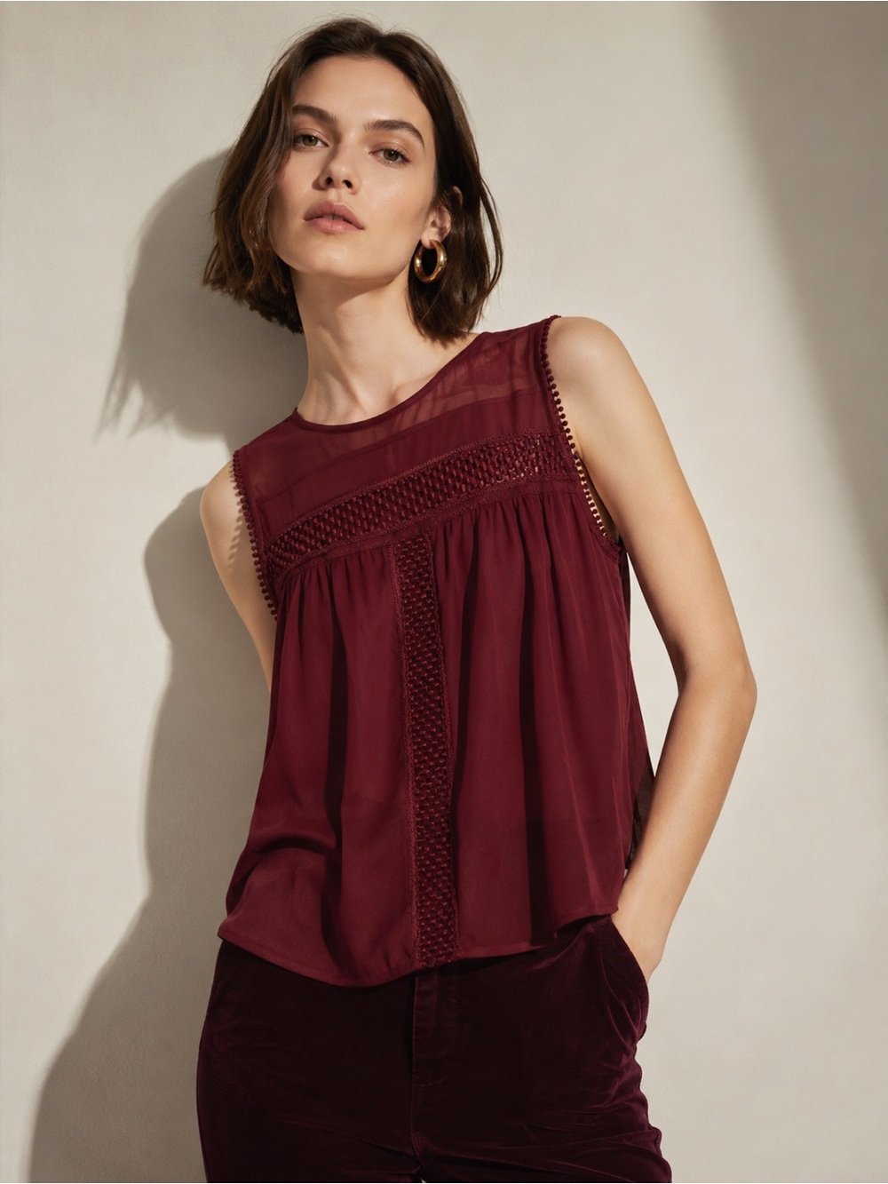 Anthropologie indi & cold Burgundy Sheer Blouse Size L | Boho Sleeveless Top